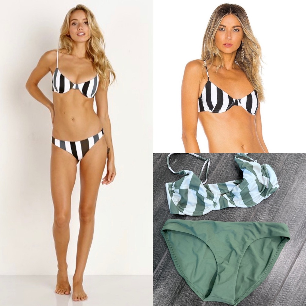 Mikoh Lima Underwire‎ Bikini Top Retro Stripe Olive Green Set Small